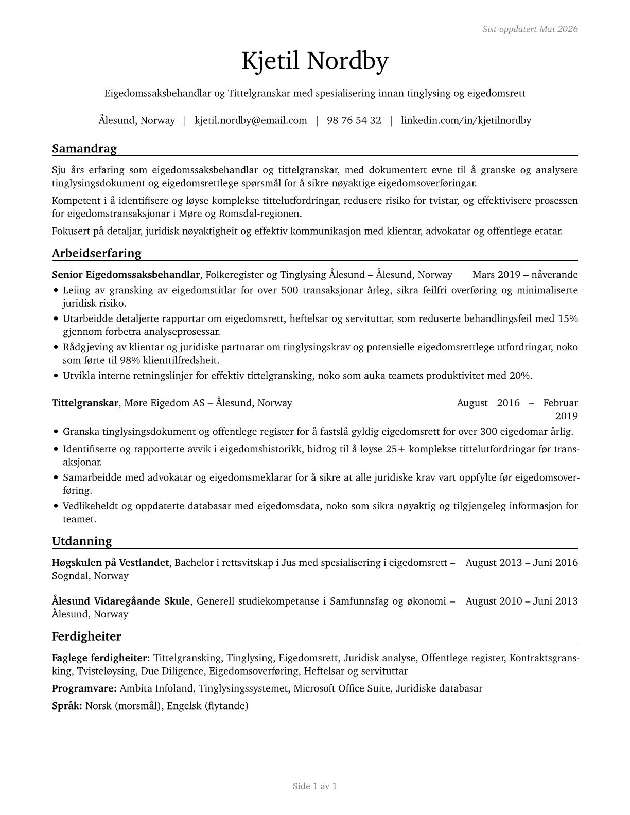 Title Examiners, Abstractors, and Searchers CV in Norwegian_nynorsk — page 1