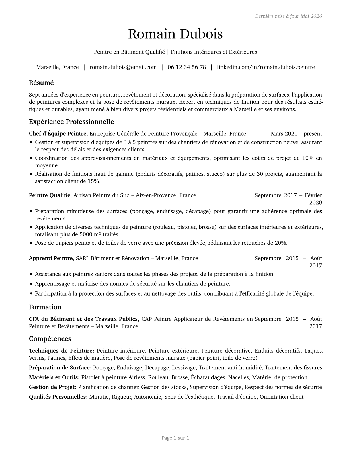 Painting, Coating, and Decorating Workers CV in French — page 1