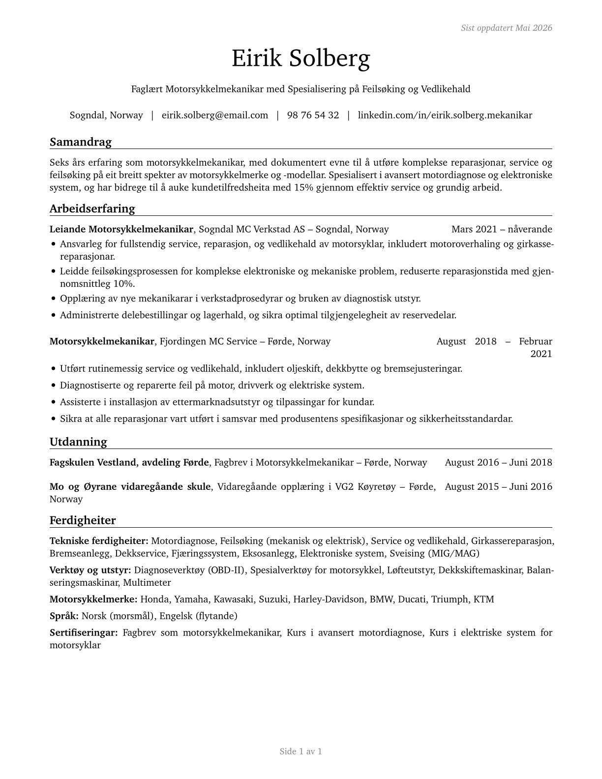 Motorcycle Mechanics CV in Norwegian_nynorsk — page 1