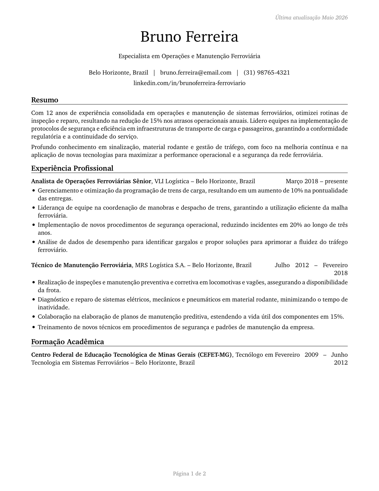 Rail Transportation Workers, All Other CV in Portuguese — page 1
