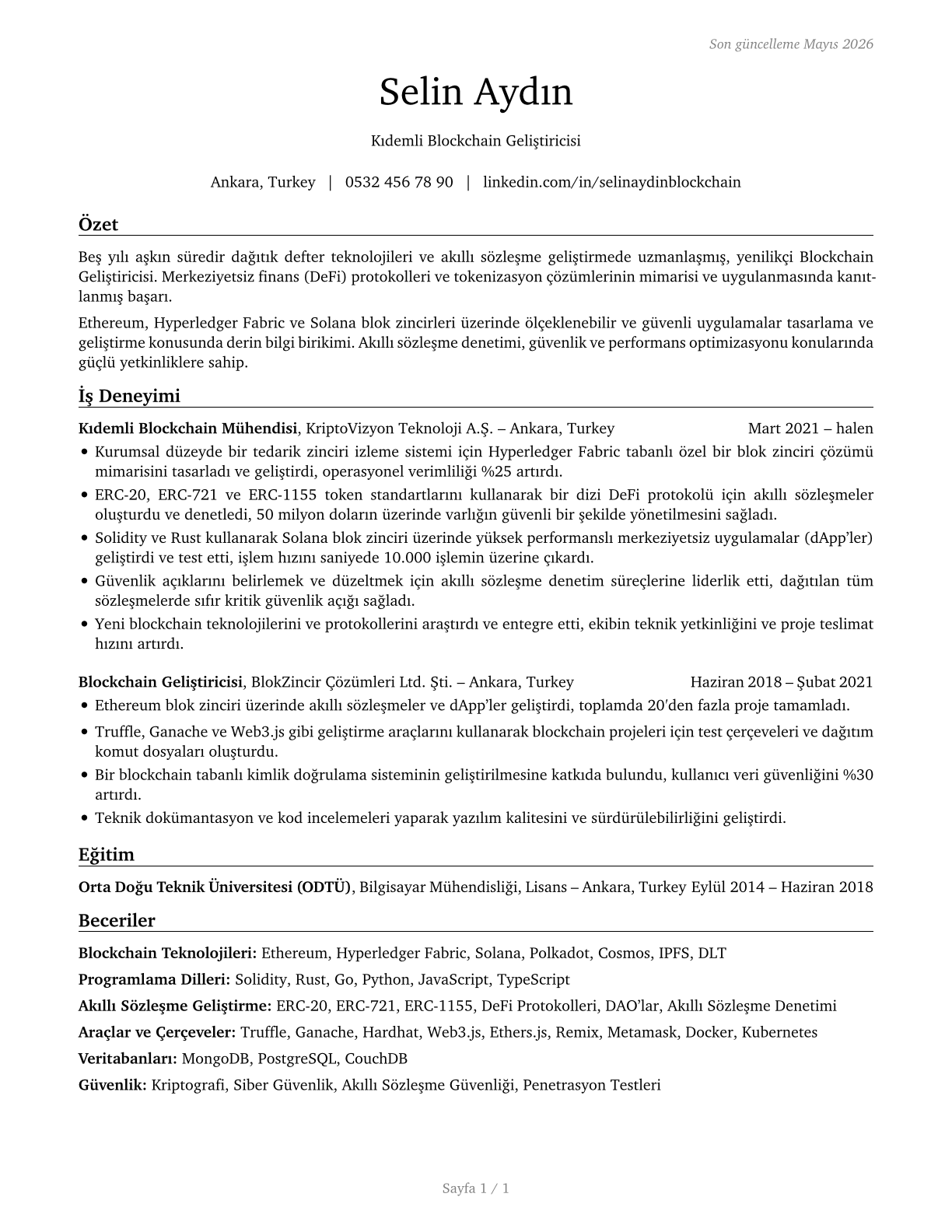 Blockchain Engineers CV in Turkish — page 1