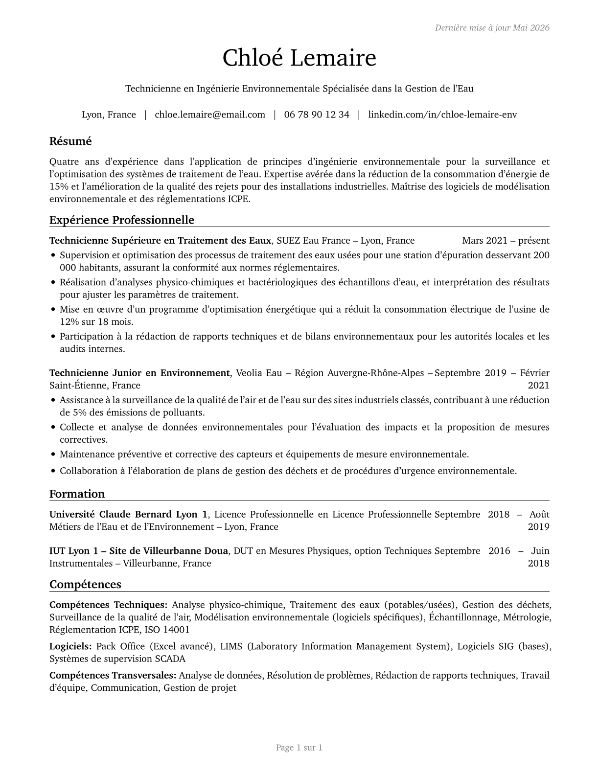 Environmental Engineering Technologists and Technicians CV in French — page 1