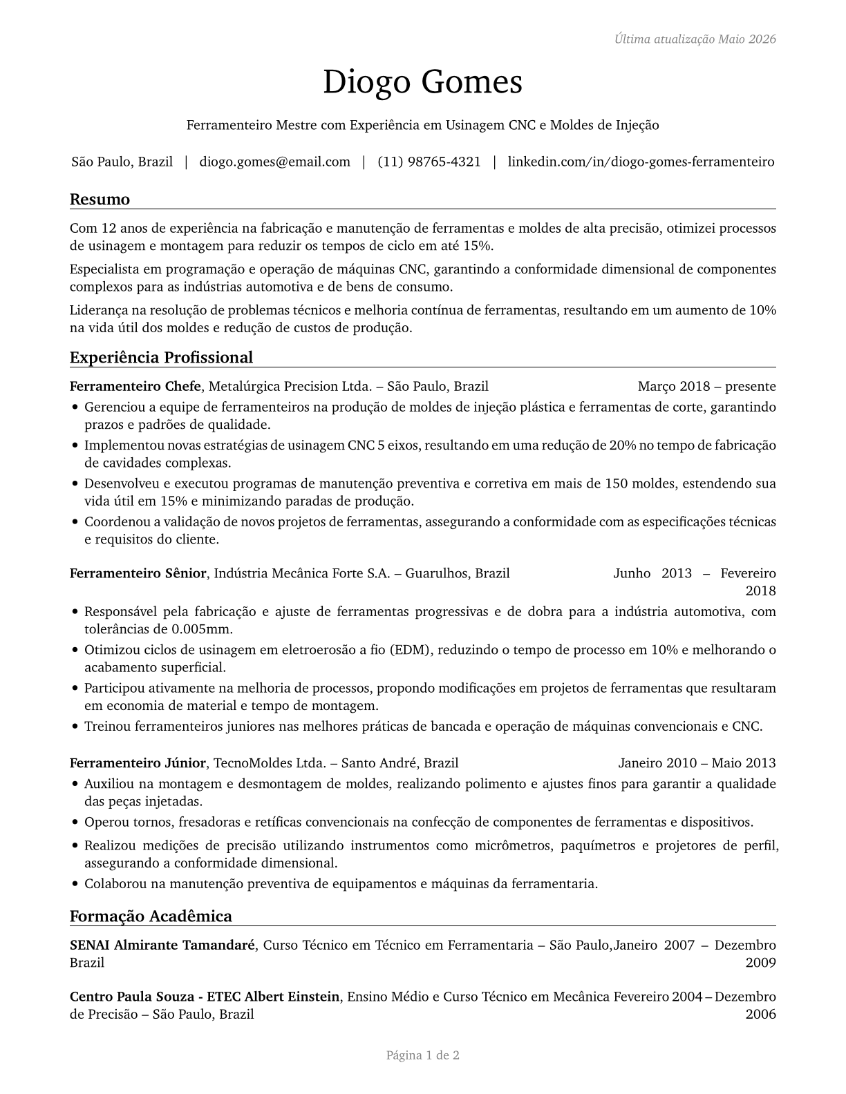 Tool and Die Makers CV in Portuguese — page 1