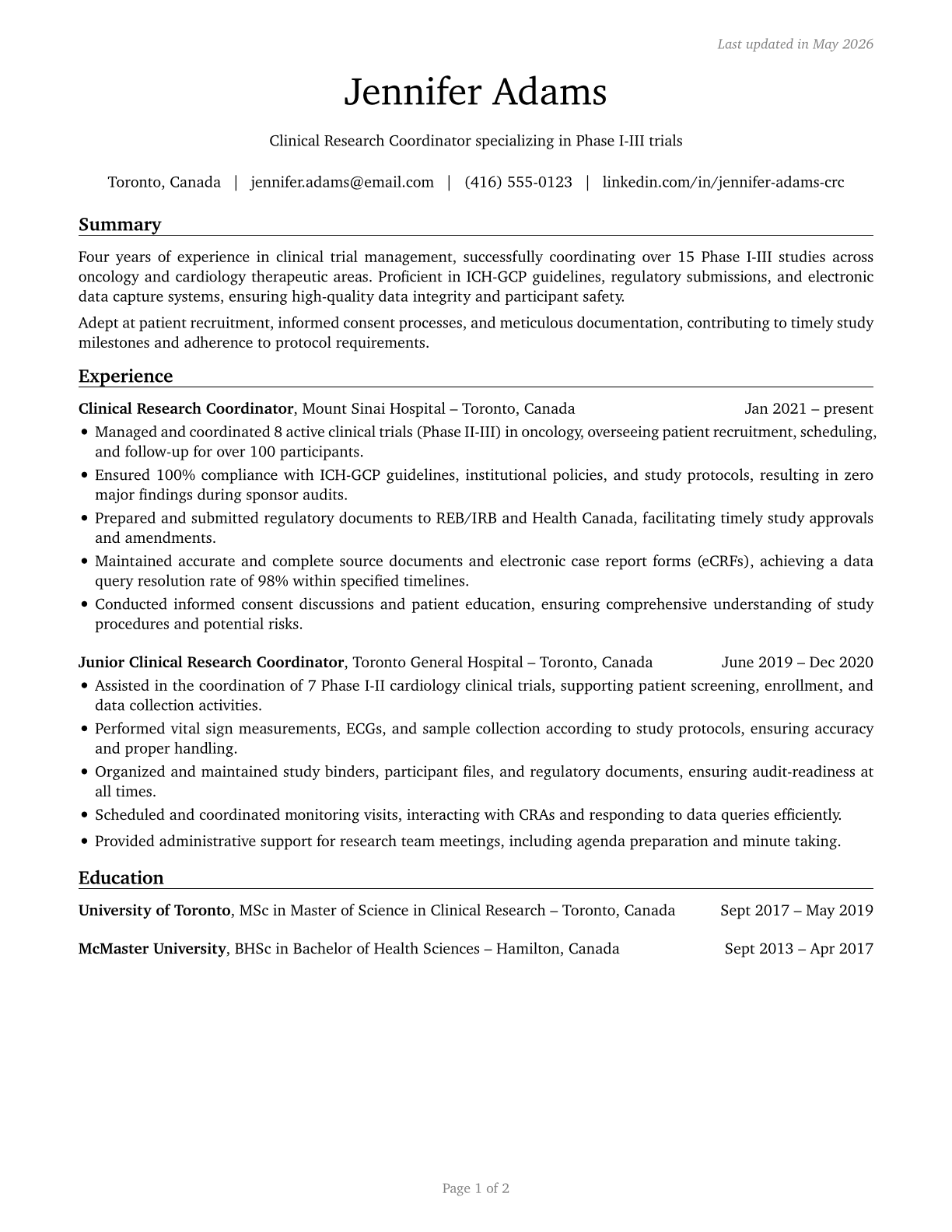 Clinical Research Coordinators CV in English — page 1