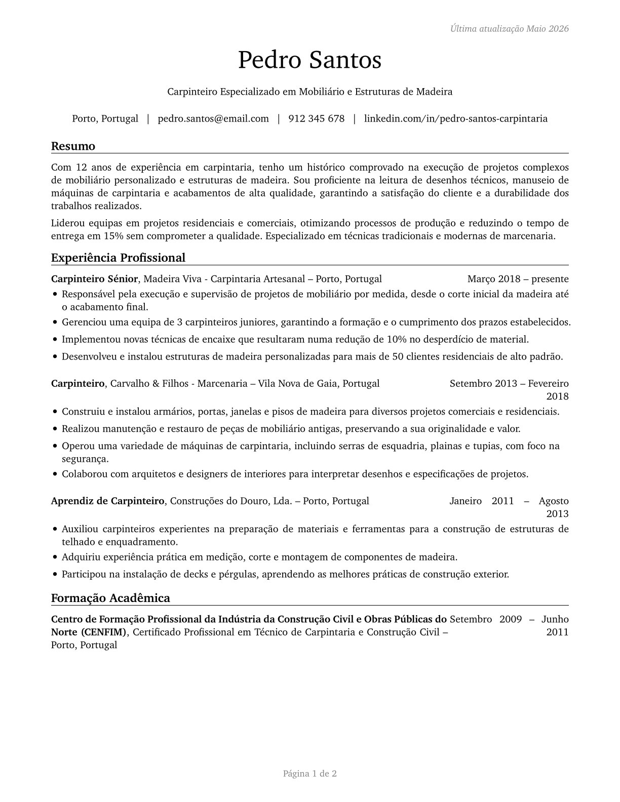 Carpenters CV in Portuguese — page 1