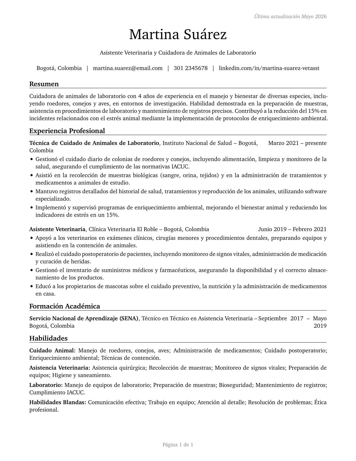 Veterinary Assistants and Laboratory Animal Caretakers CV in Spanish — page 1