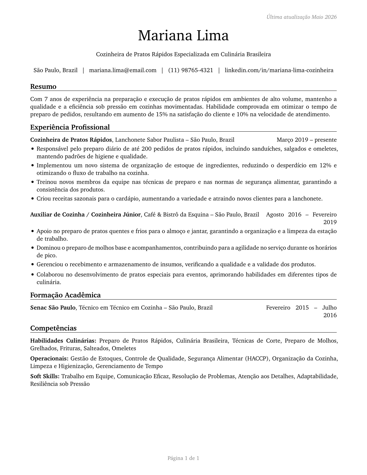Cooks, Short Order CV in Portuguese — page 1