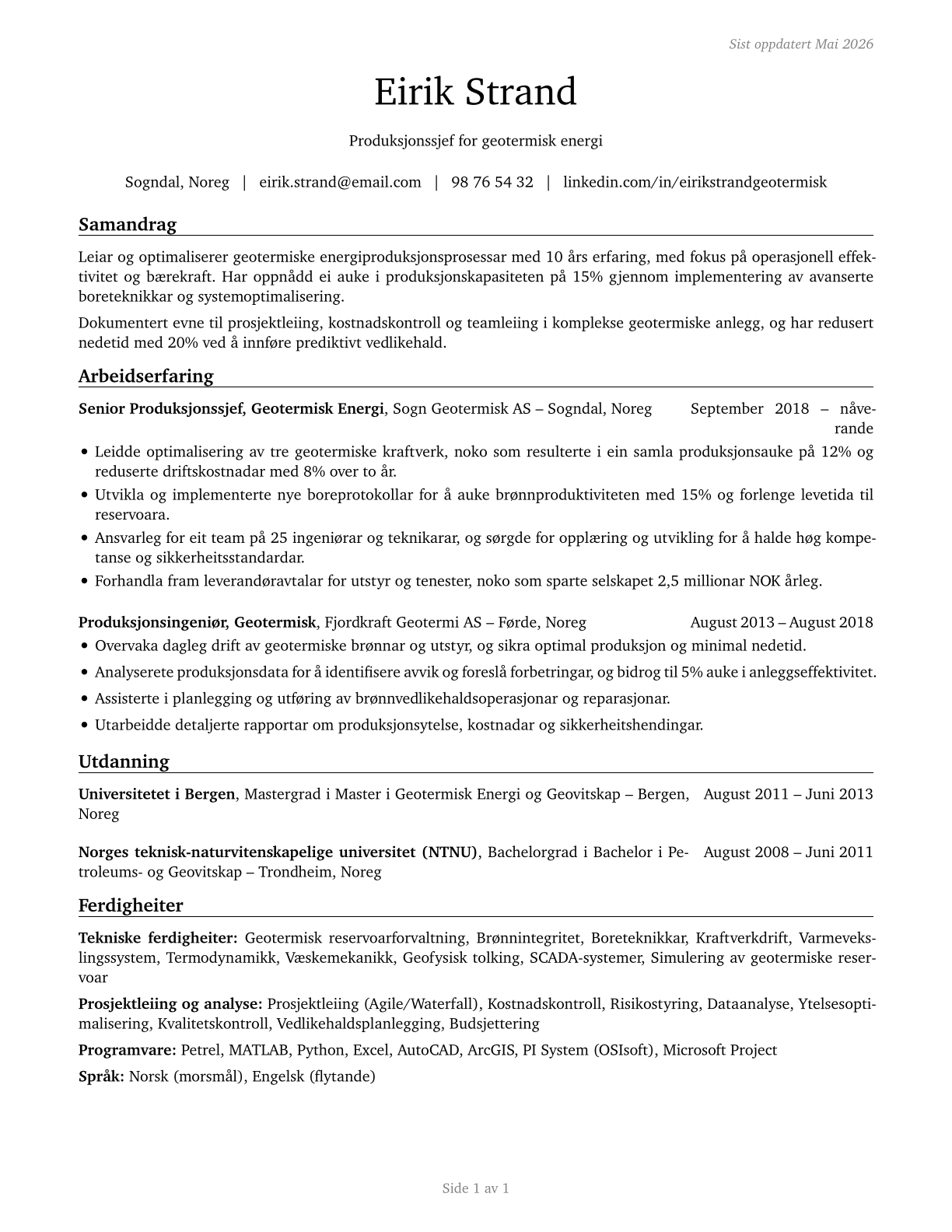 Geothermal Production Managers CV in Norwegian_nynorsk — page 1