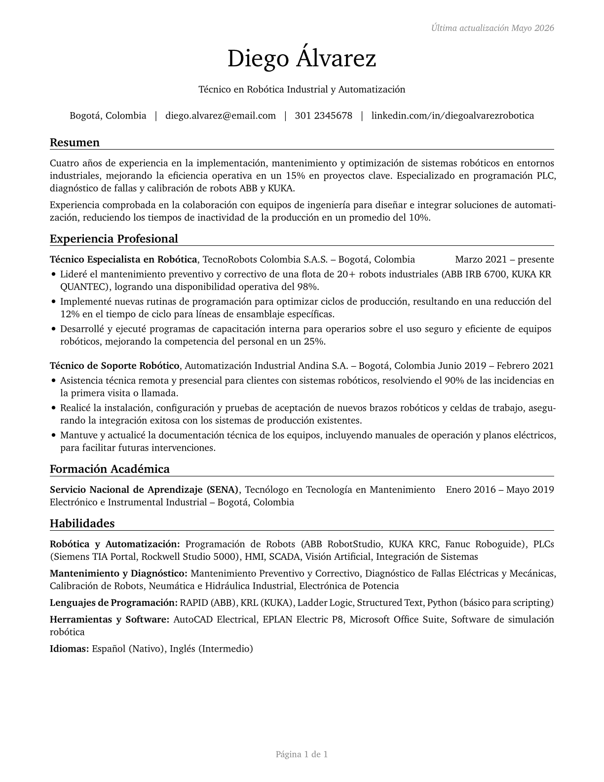 Robotics Technicians CV in Spanish — page 1
