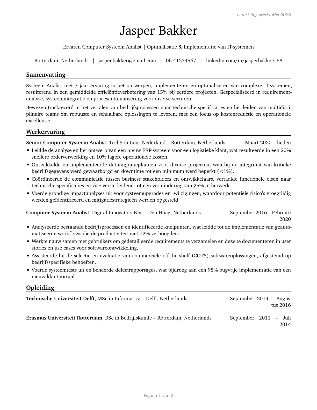 Computer Systems Analysts CV in Dutch — page 1