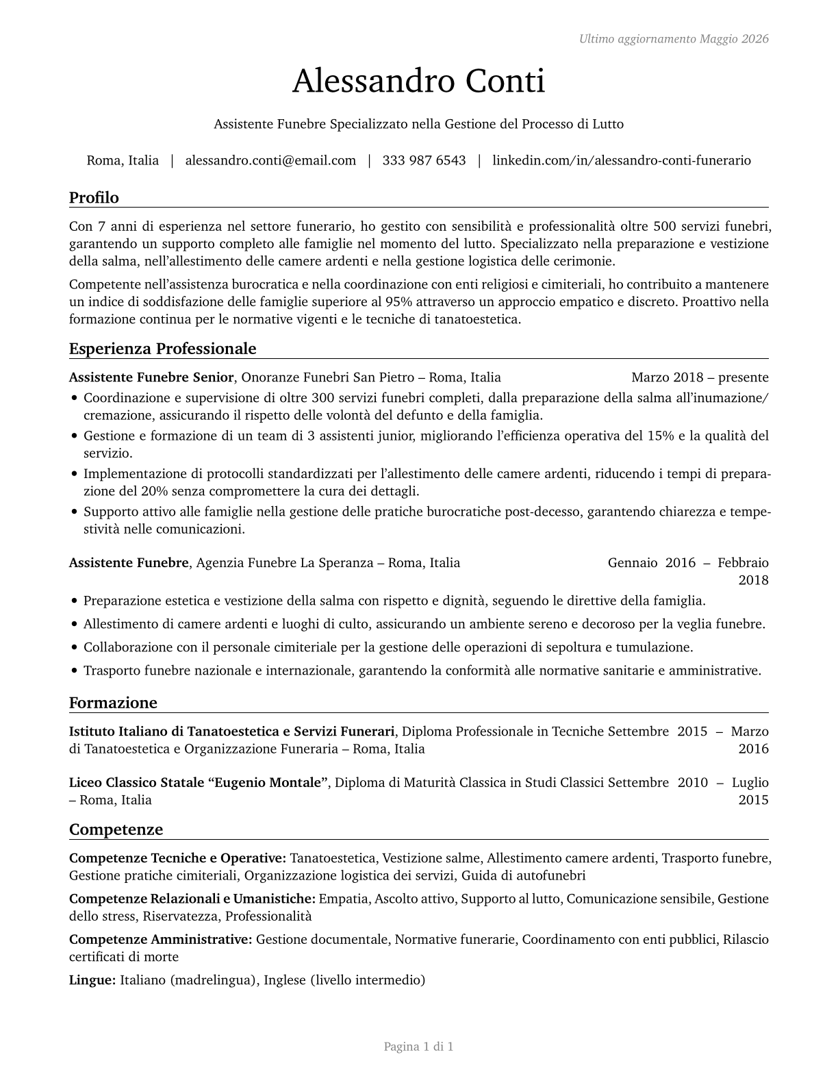 Funeral Attendants CV in Italian — page 1