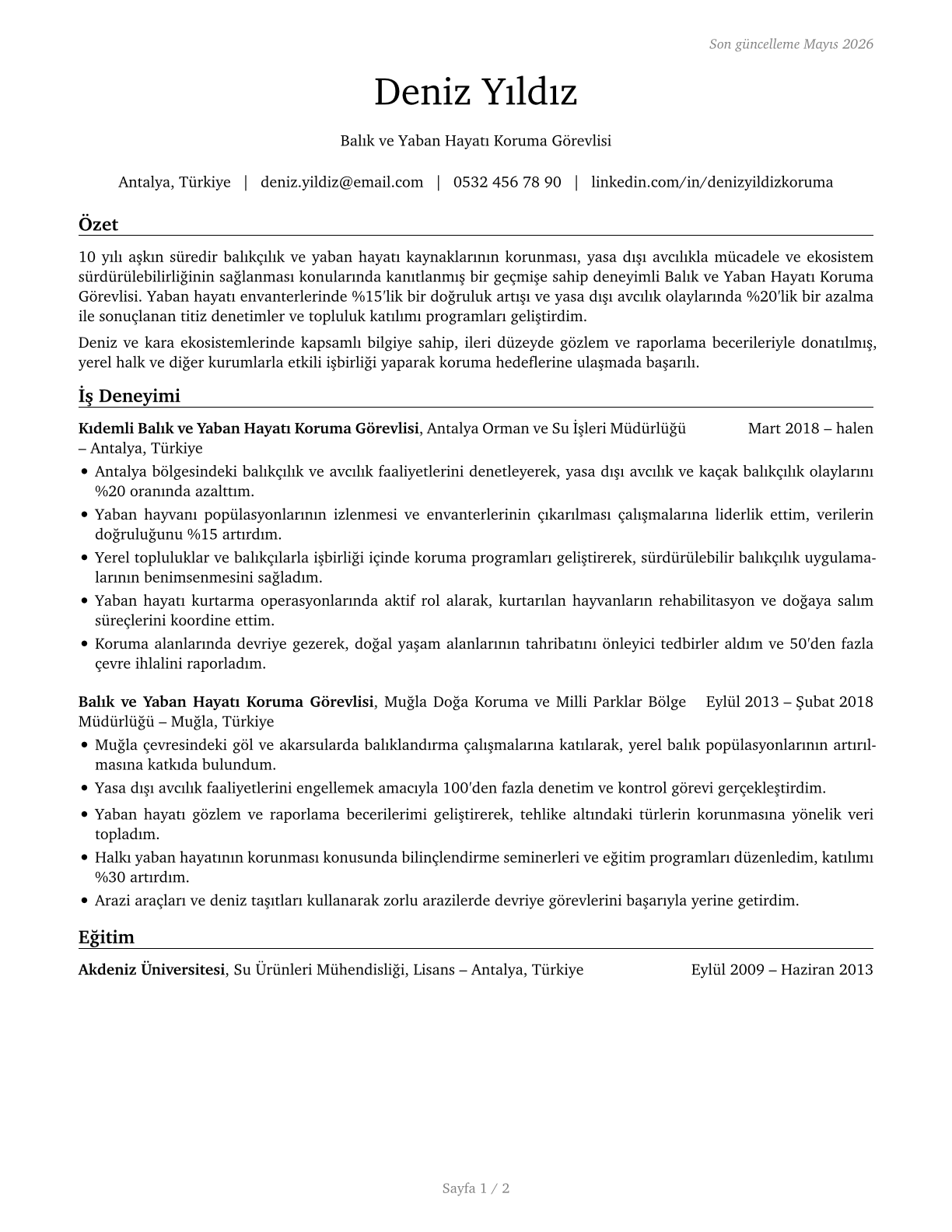 Fish and Game Wardens CV in Turkish — page 1