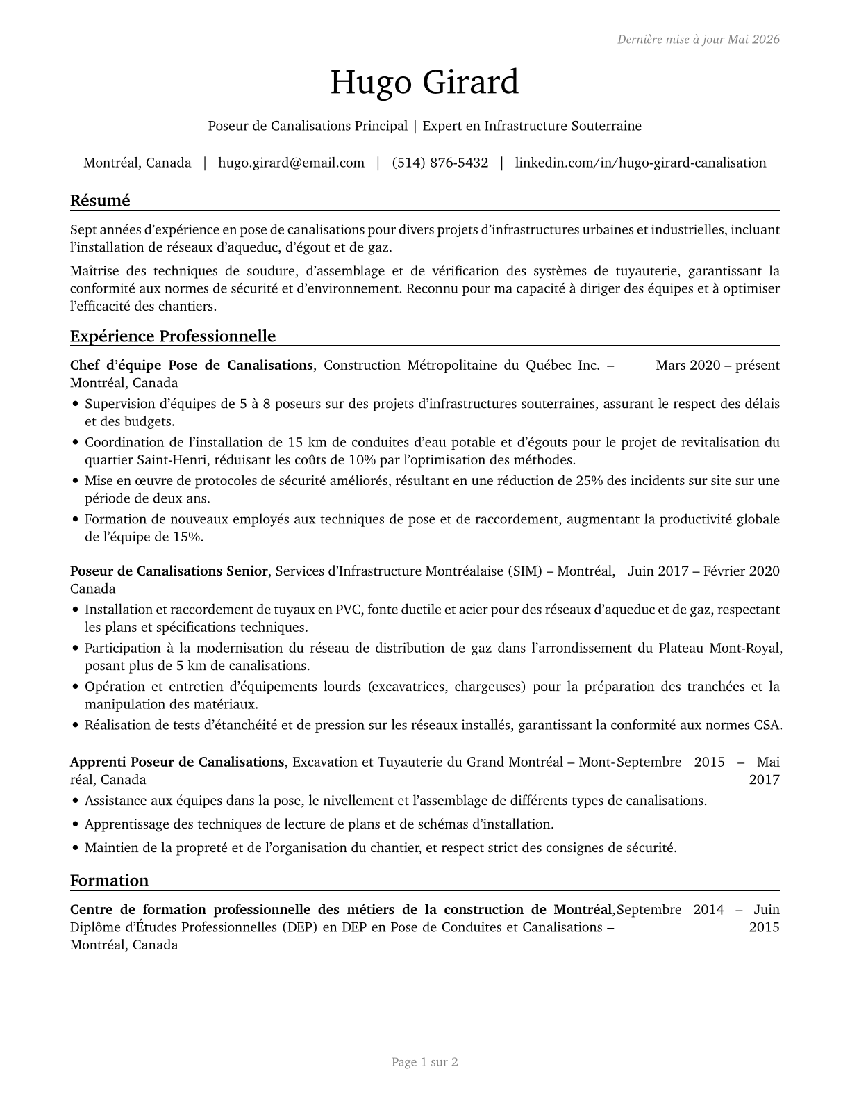 Pipelayers CV in French — page 1