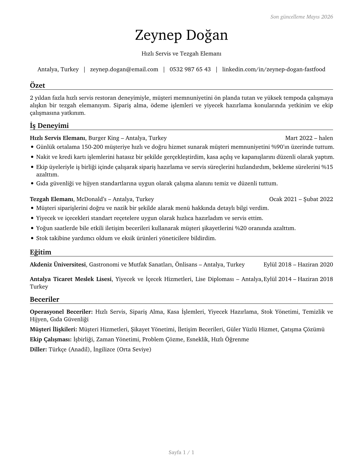 Fast Food and Counter Workers CV in Turkish — page 1