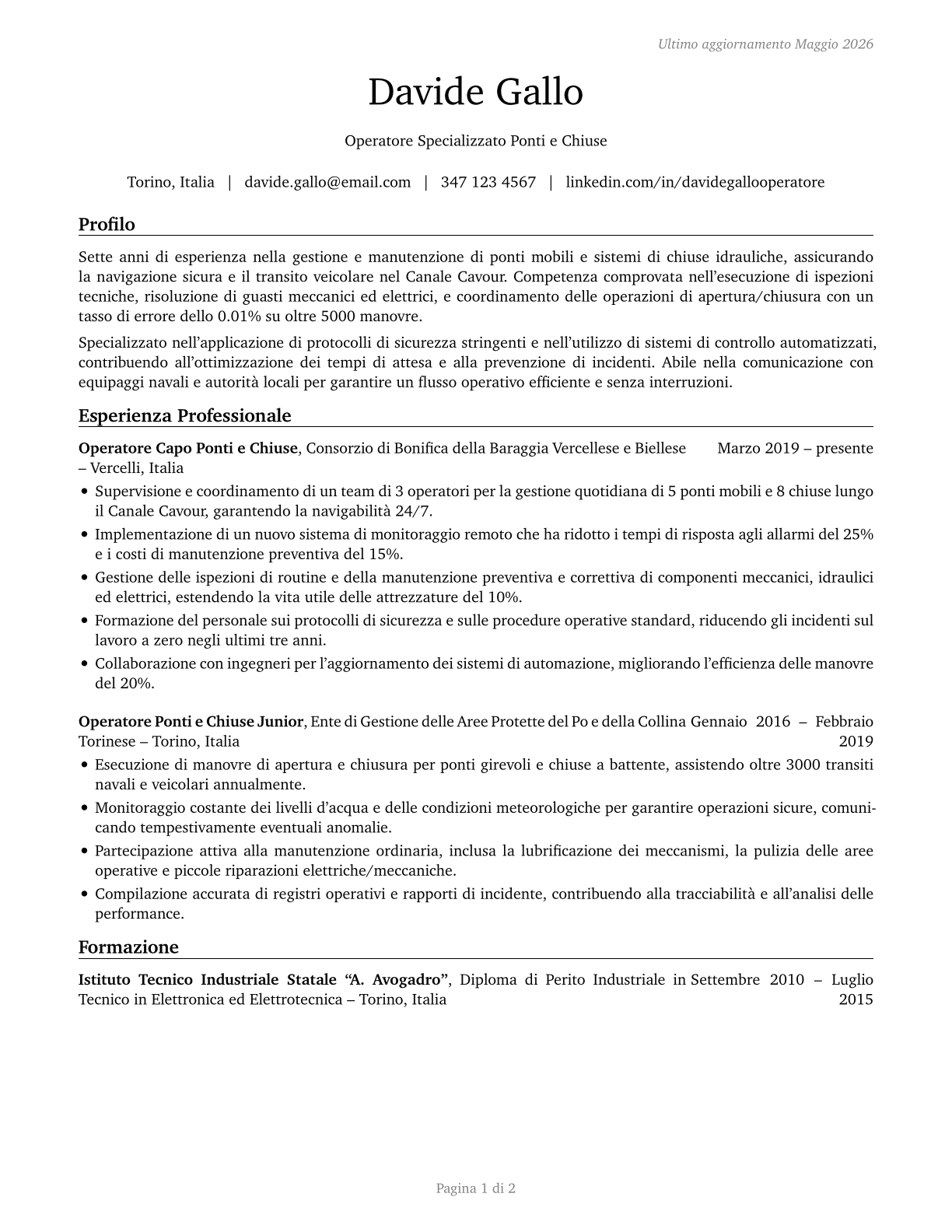 Bridge and Lock Tenders CV in Italian — page 1