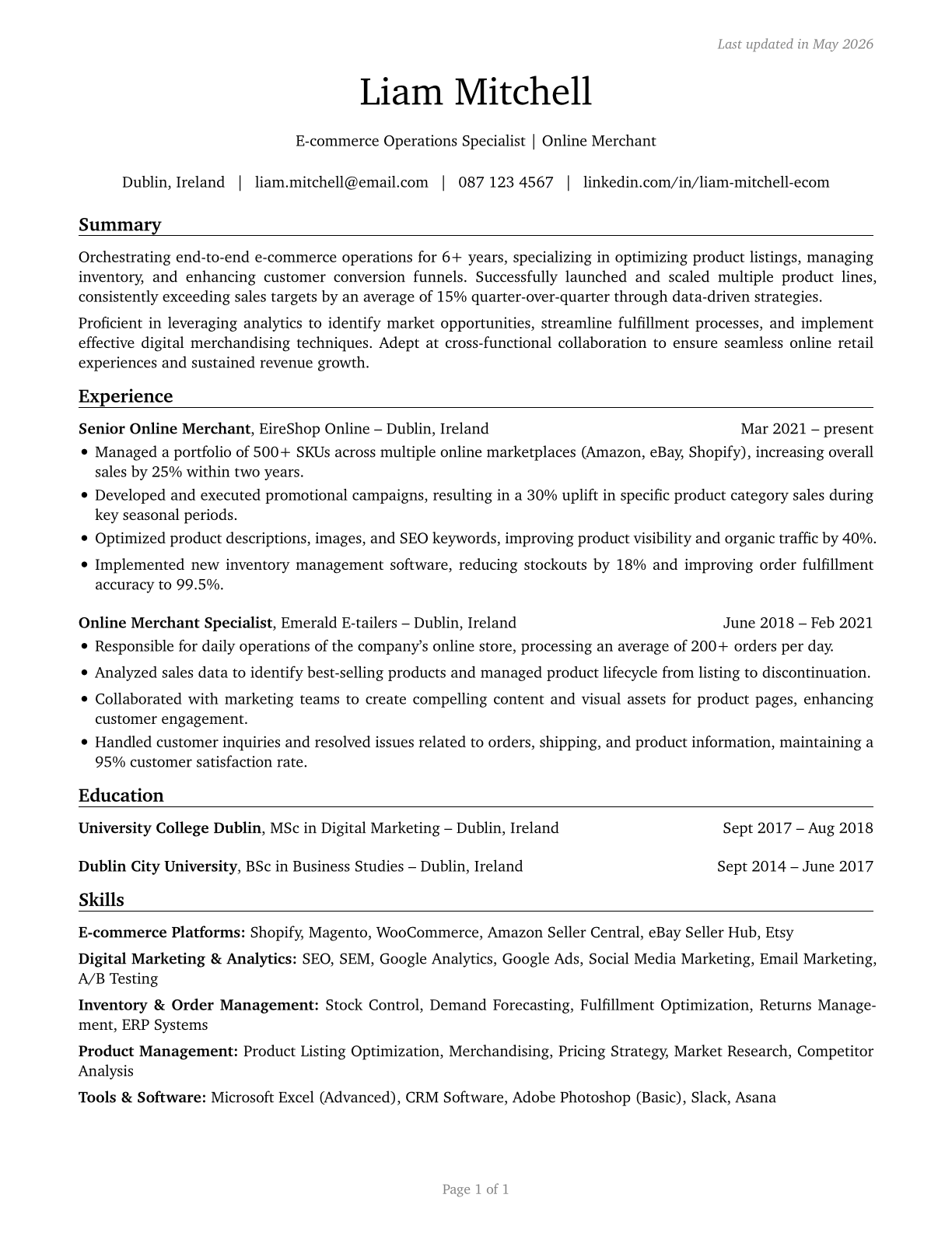 Online Merchants CV in English — page 1