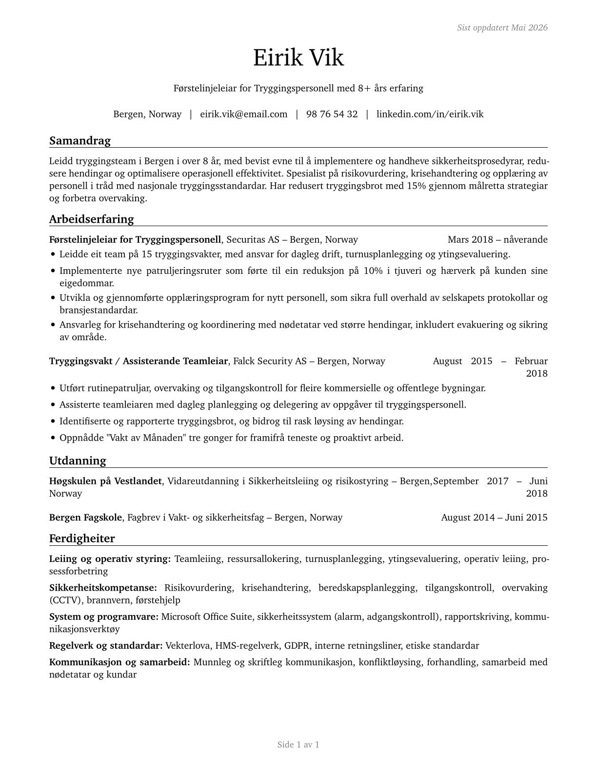 First-Line Supervisors of Security Workers CV in Norwegian_nynorsk — page 1