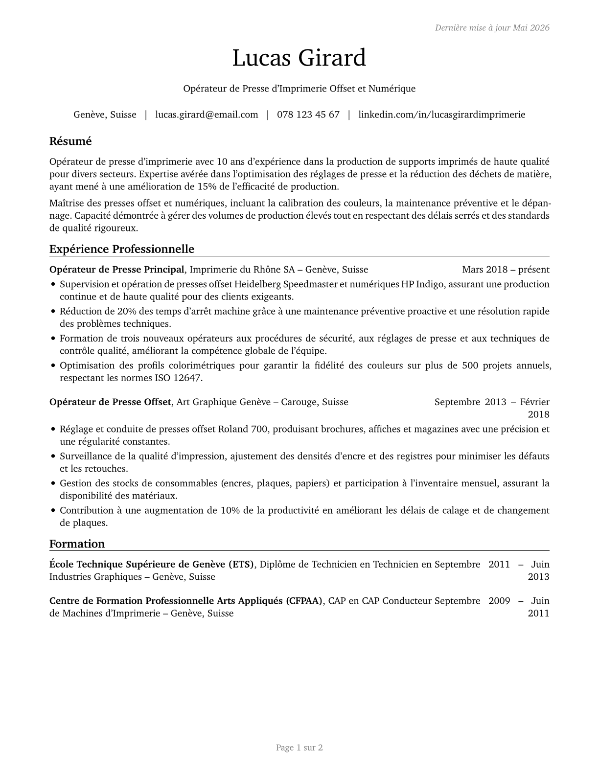 Printing Press Operators CV in French — page 1