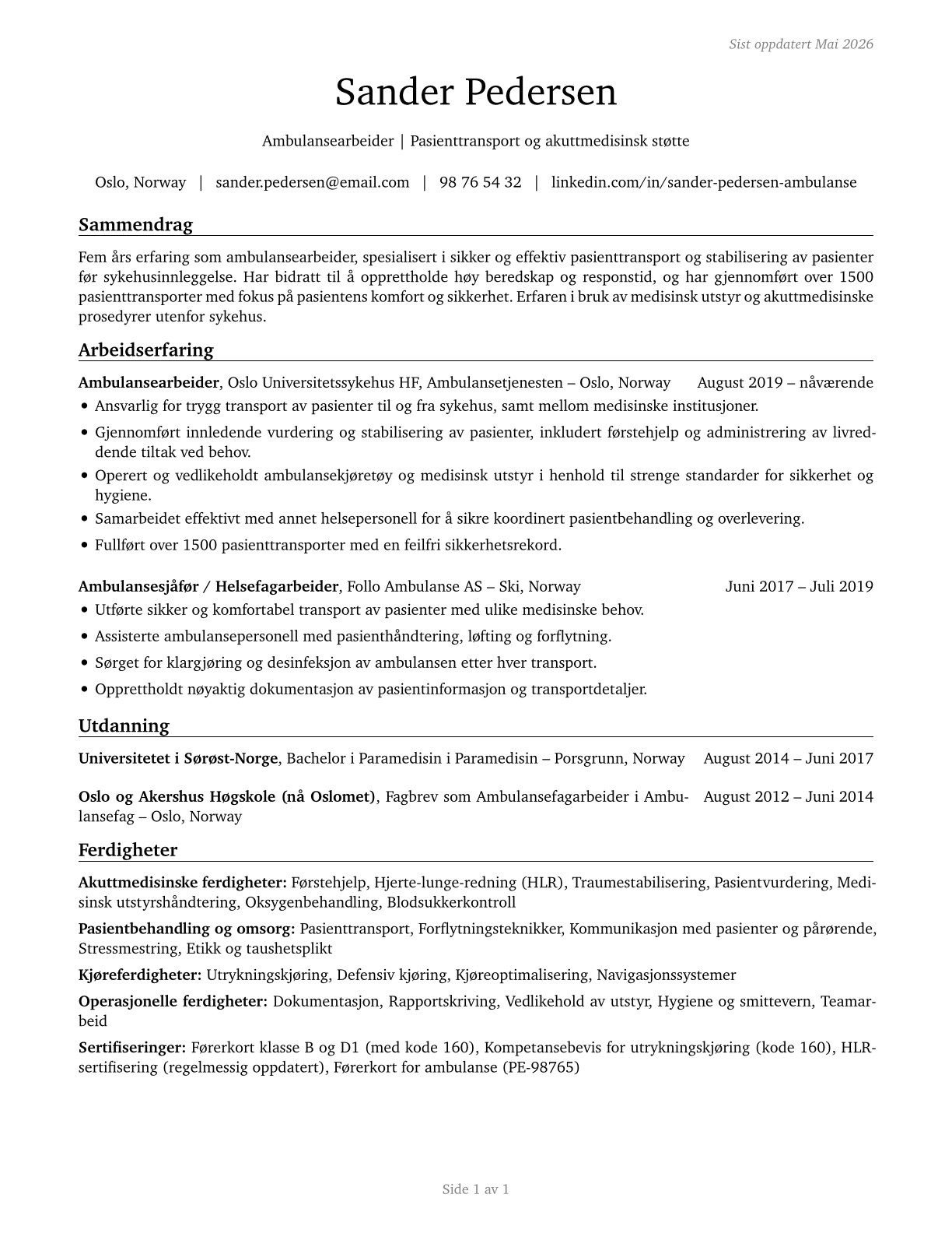 Ambulance Drivers and Attendants, Except Emergency Medical Technicians CV in Norwegian_bokmal — page 1
