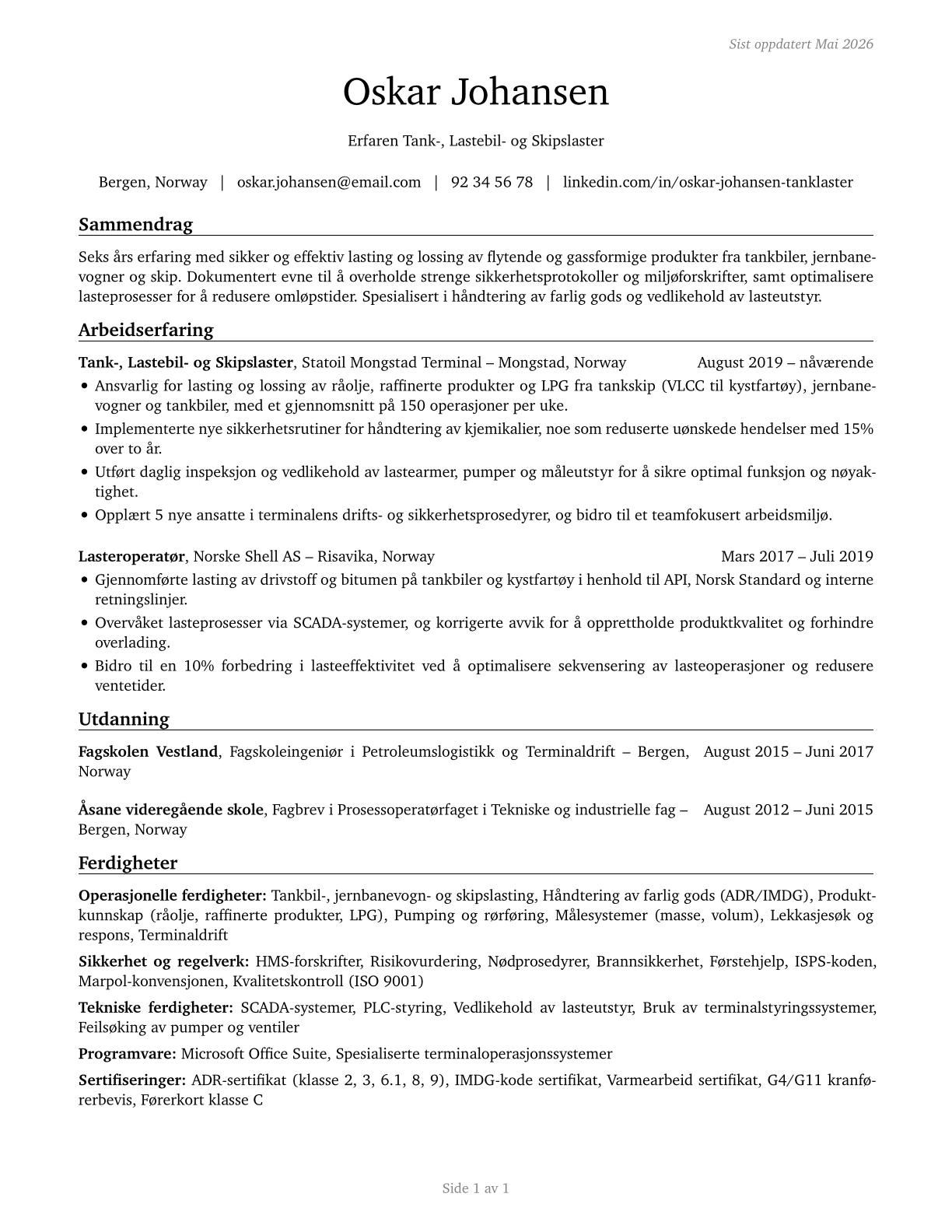 Tank Car, Truck, and Ship Loaders CV in Norwegian_bokmal — page 1