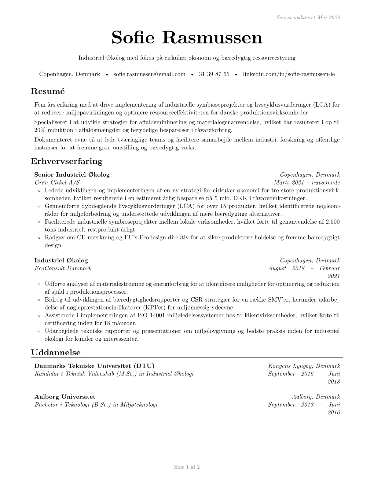 Industrial Ecologists CV in Danish — page 1