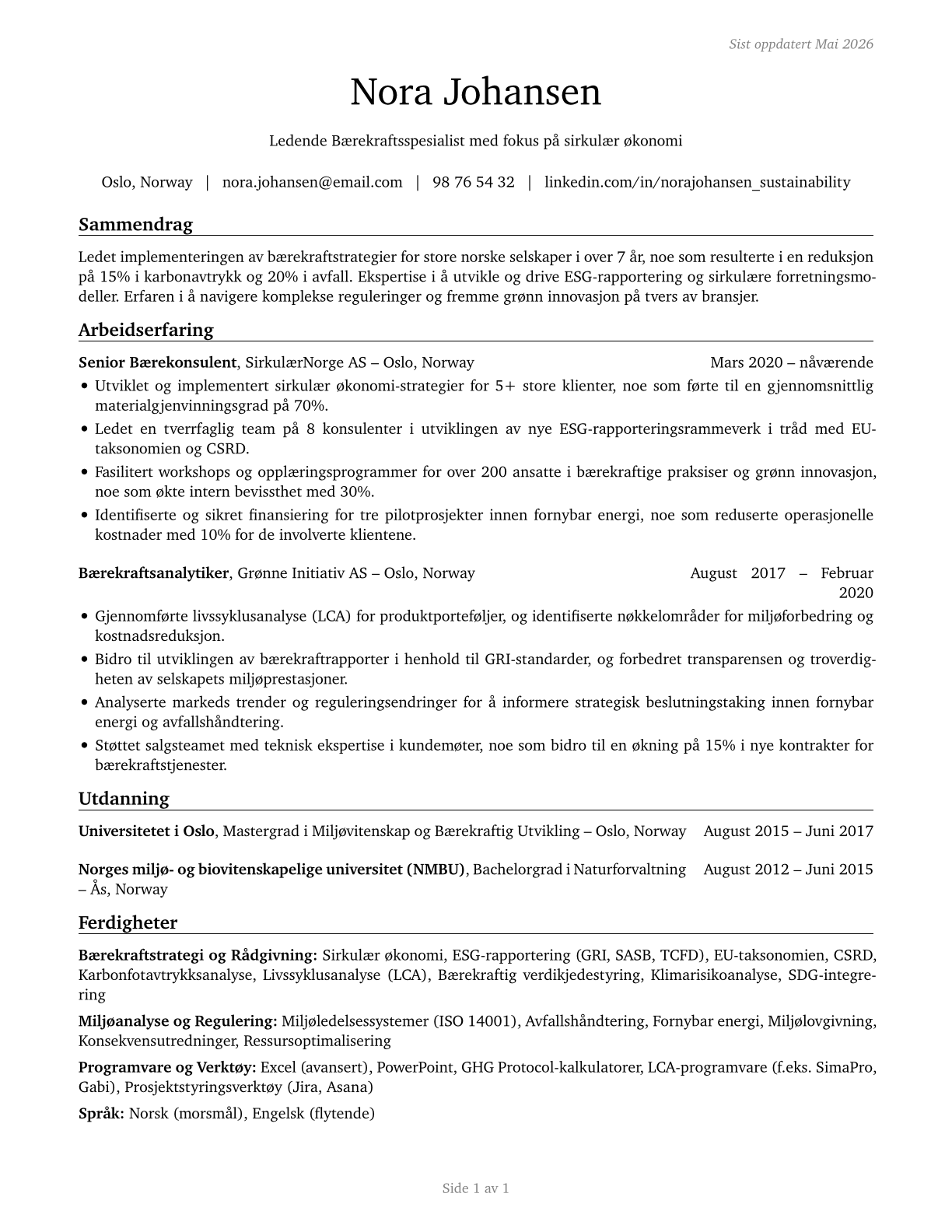 Sustainability Specialists CV in Norwegian_bokmal — page 1