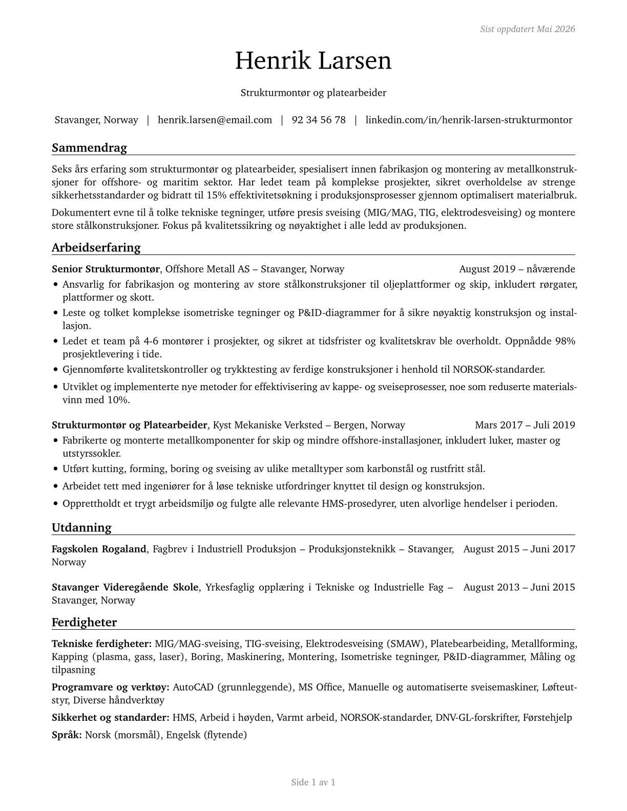Structural Metal Fabricators and Fitters CV in Norwegian_bokmal — page 1