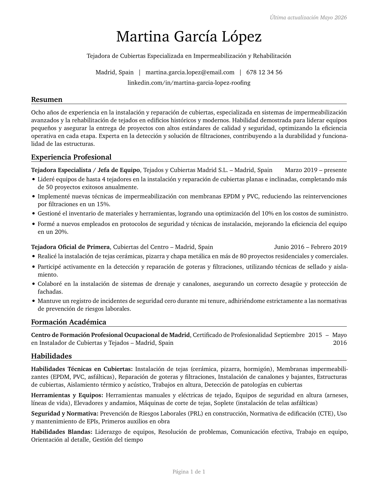 Roofers CV in Spanish — page 1