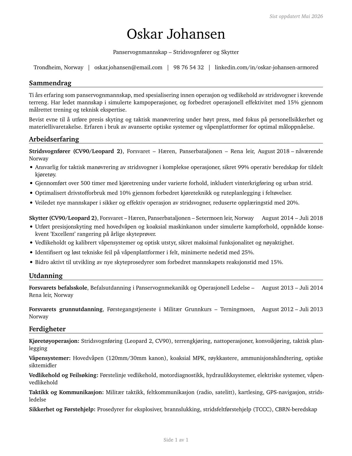 Armored Assault Vehicle Crew Members CV in Norwegian_bokmal — page 1