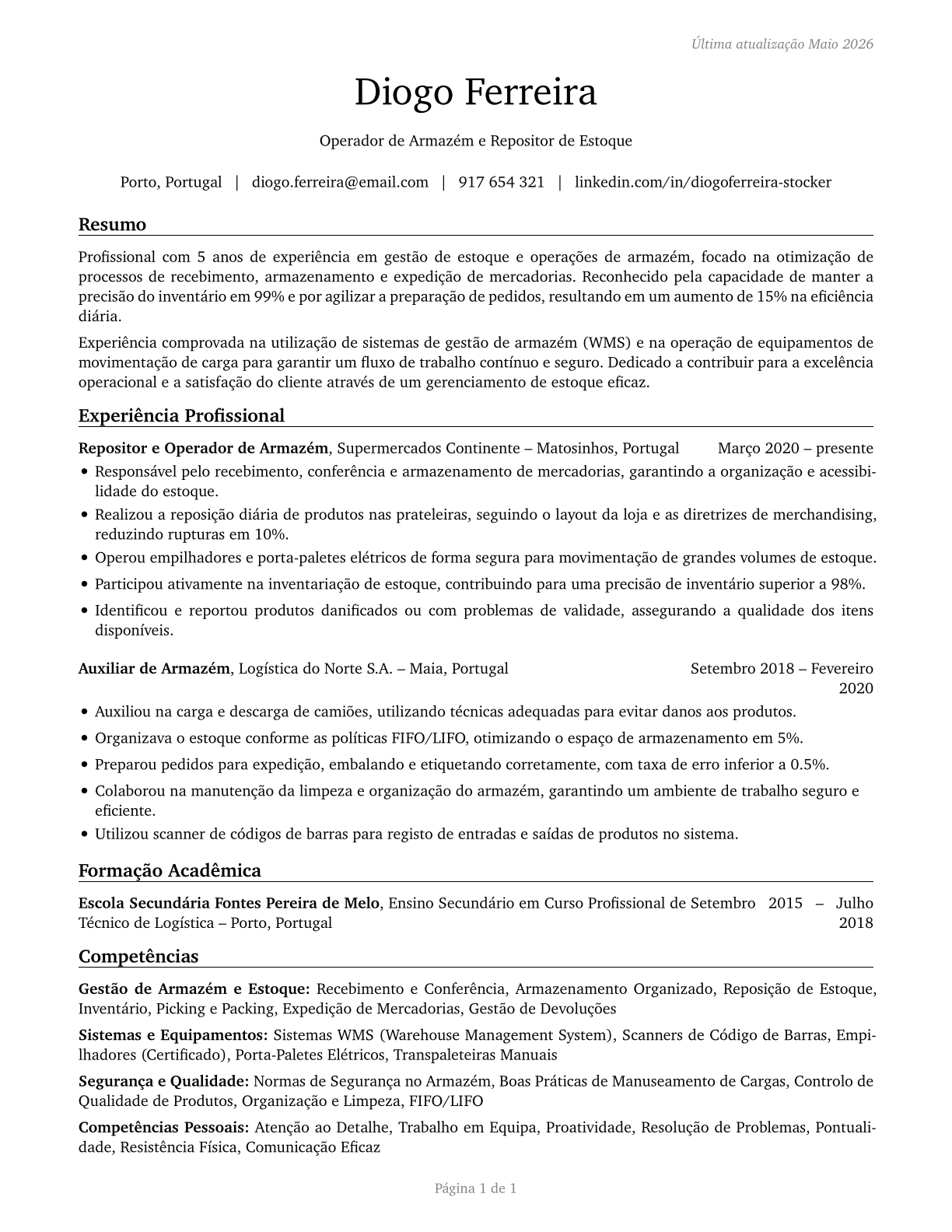 Stockers and Order Fillers CV in Portuguese — page 1