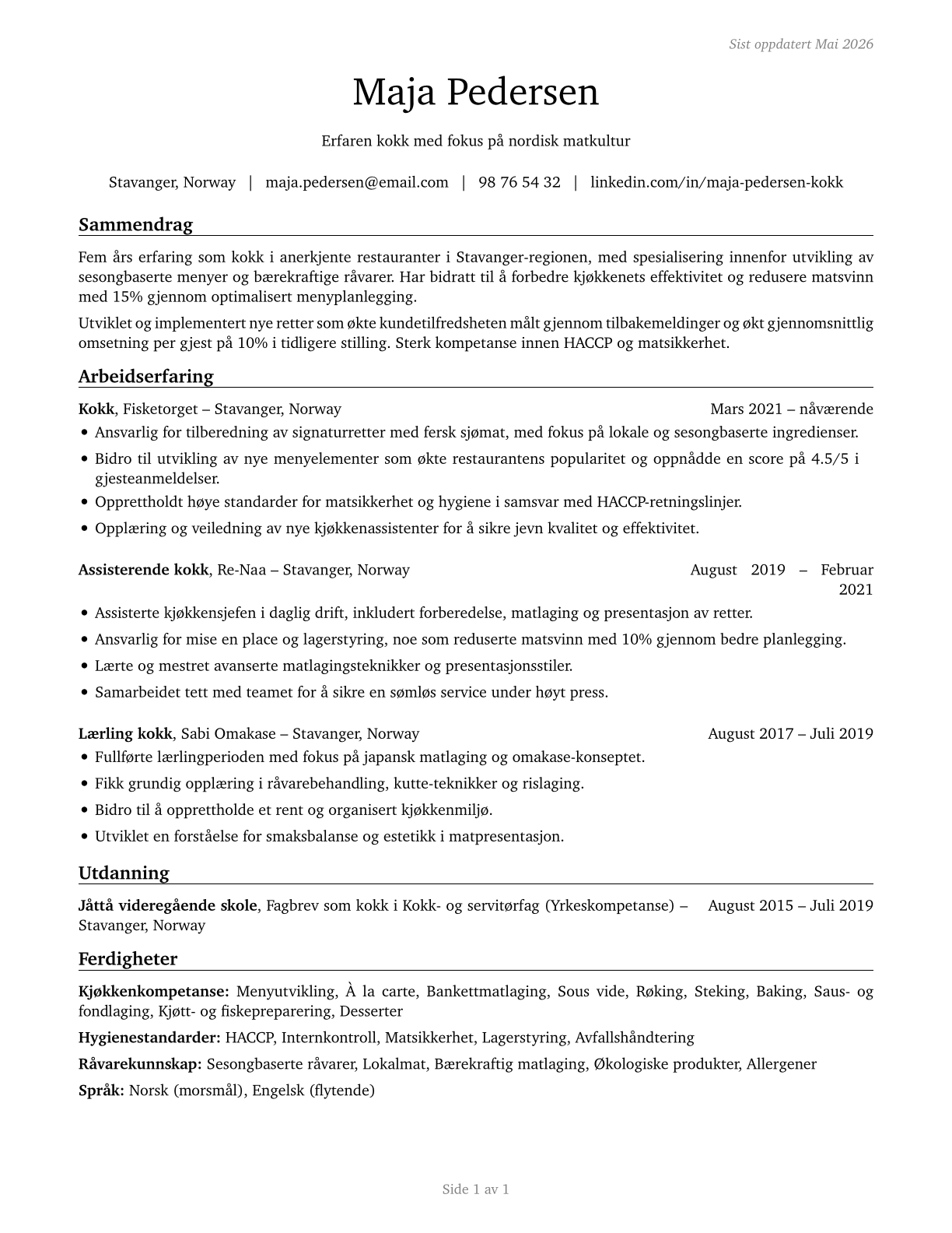 Cooks, Restaurant CV in Norwegian_bokmal — page 1