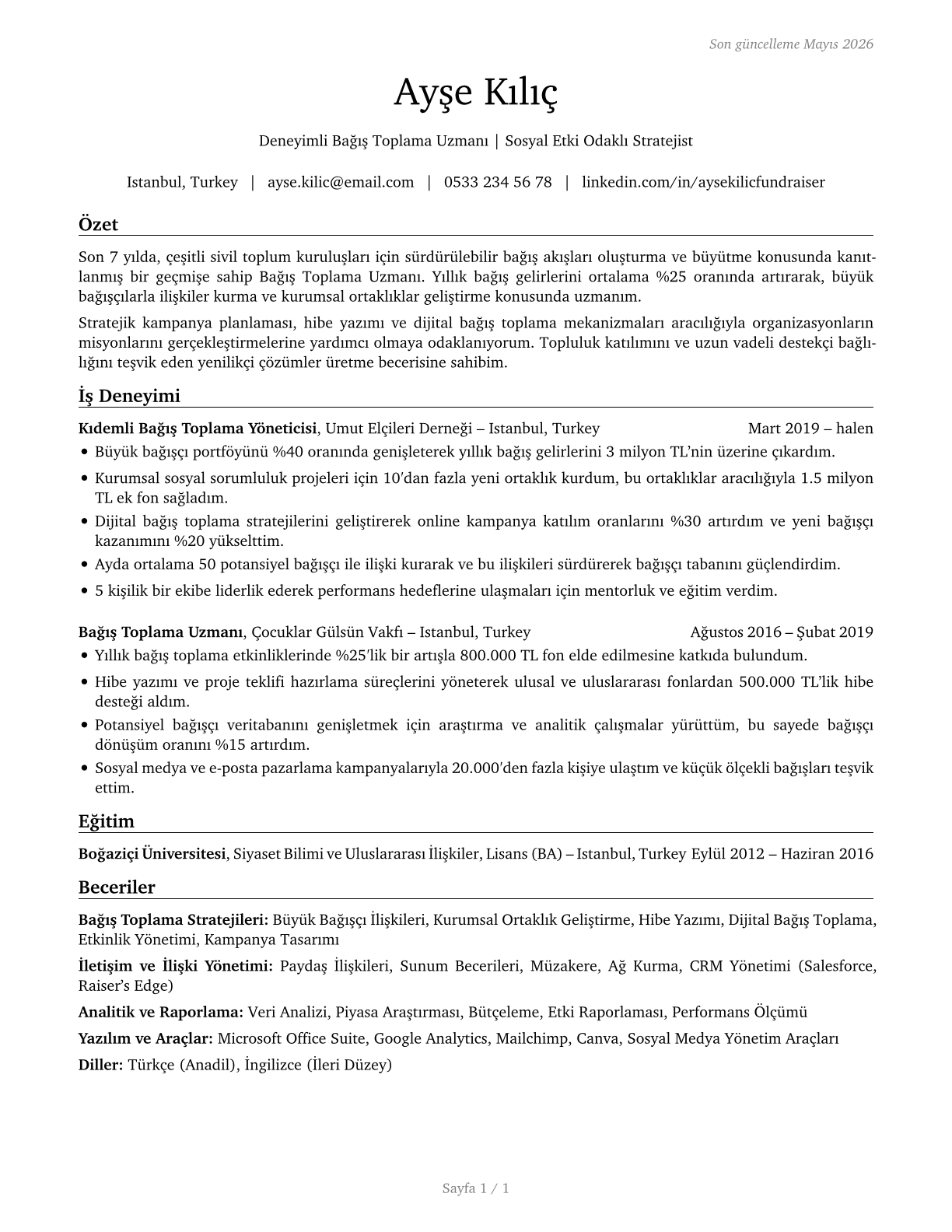 Fundraisers CV in Turkish — page 1