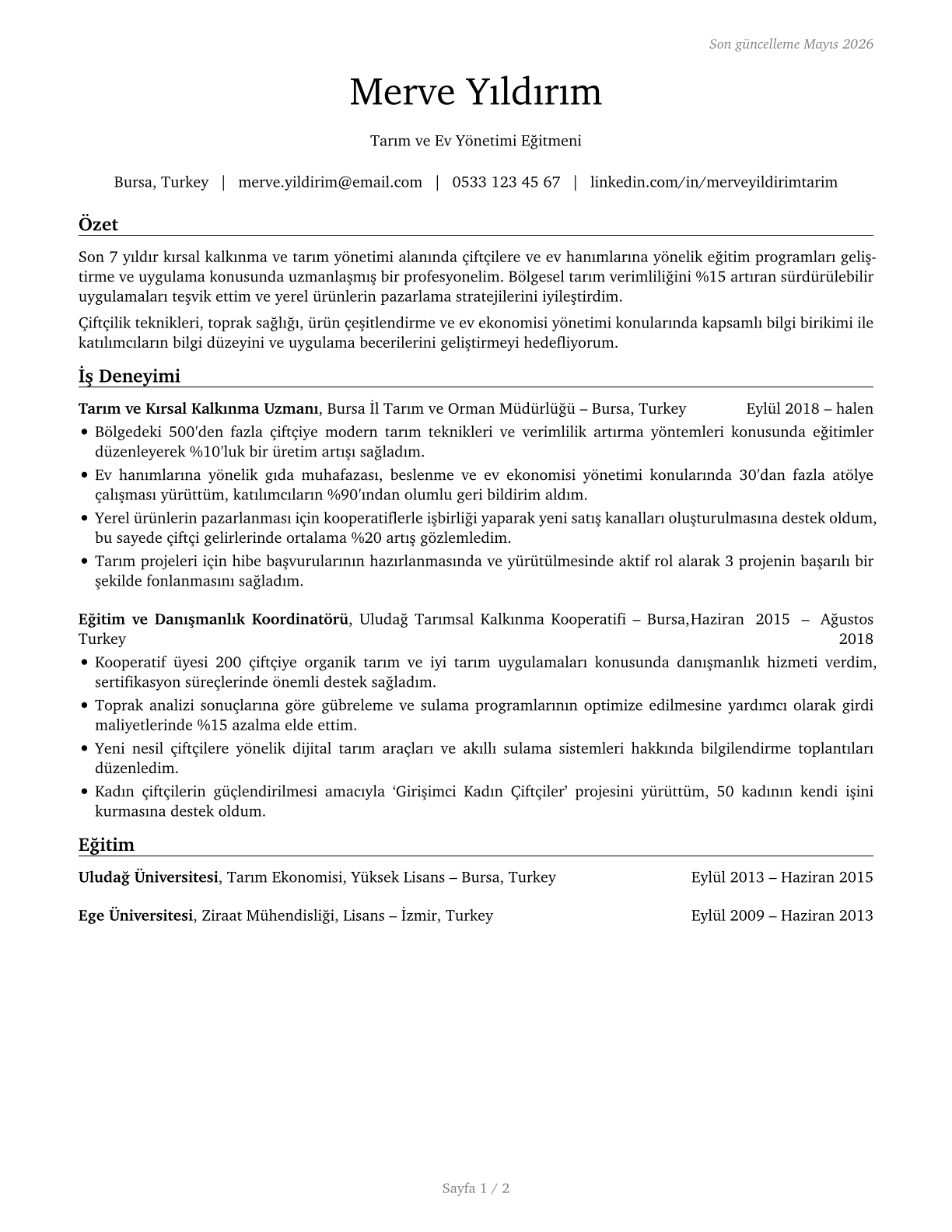 Farm and Home Management Educators CV in Turkish — page 1