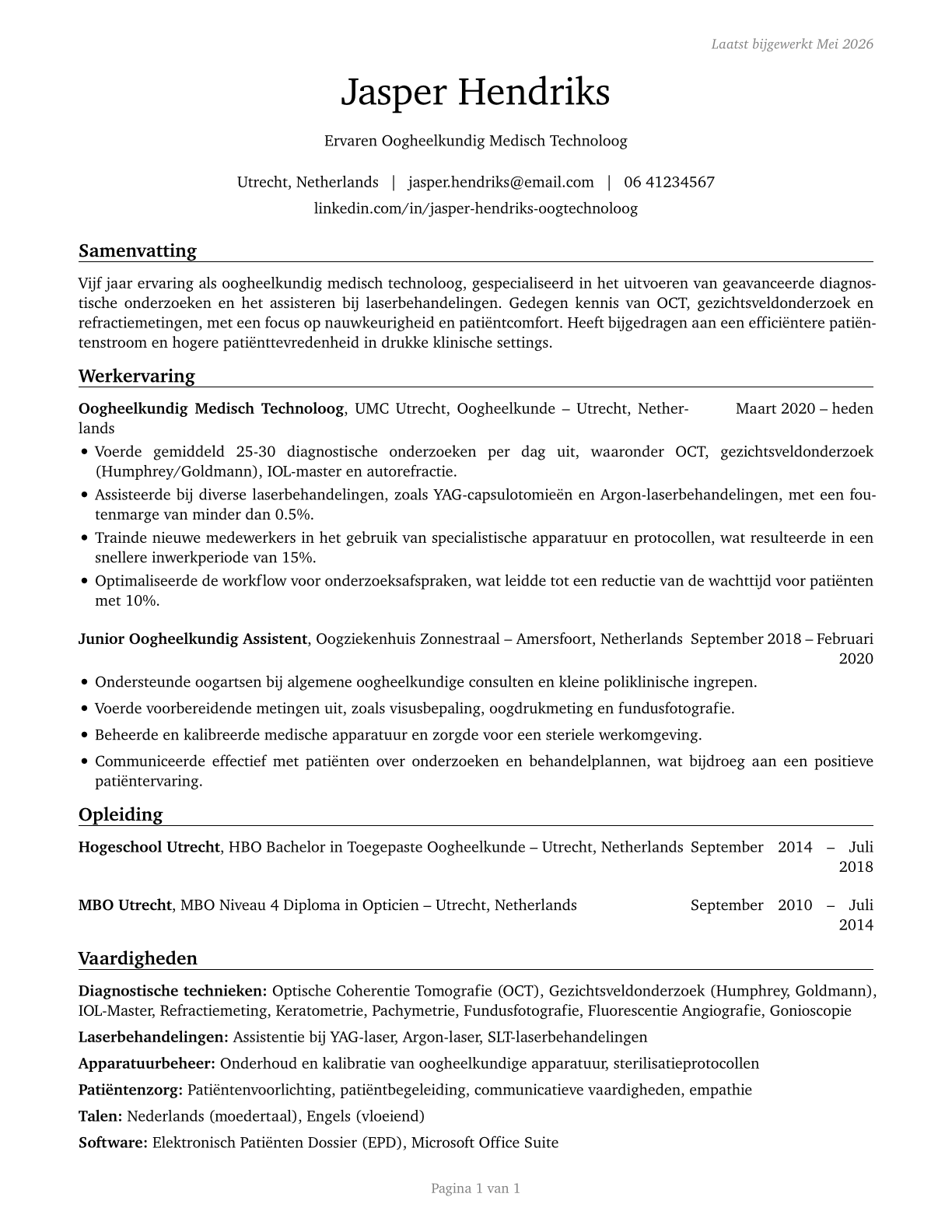 Ophthalmic Medical Technologists CV in Dutch — page 1