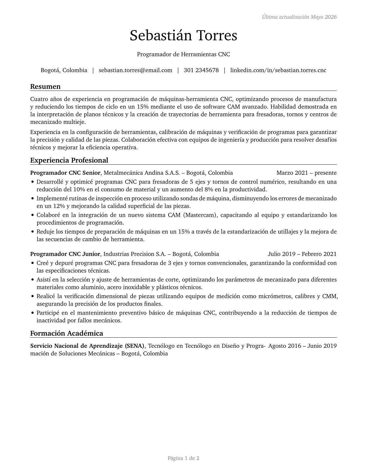 Computer Numerically Controlled Tool Programmers CV in Spanish — page 1