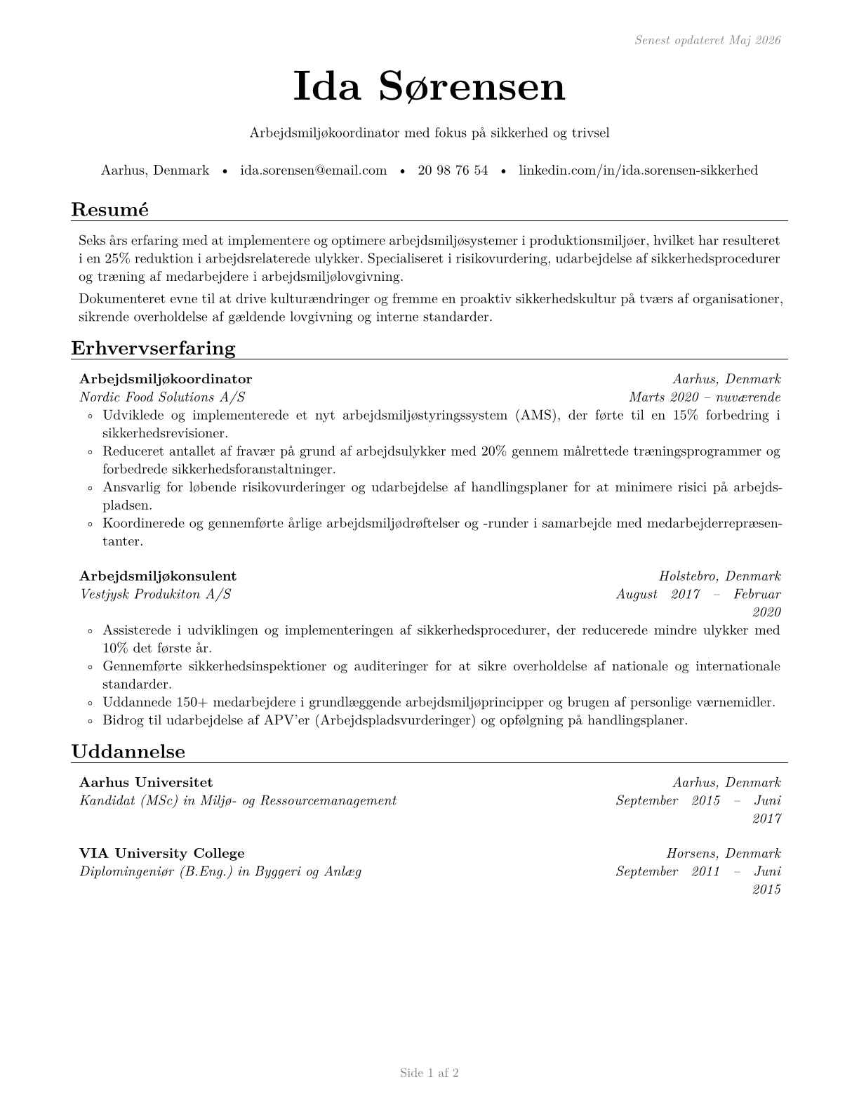Occupational Health and Safety Specialists CV in Danish — page 1
