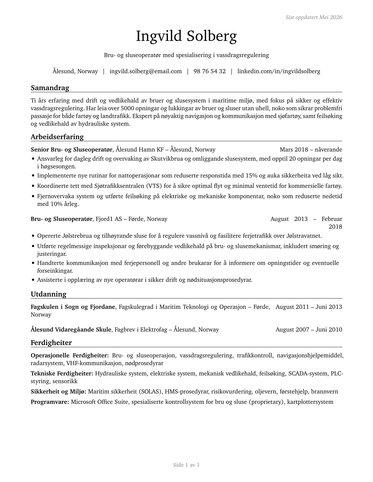 Bridge and Lock Tenders CV in Norwegian_nynorsk — page 1