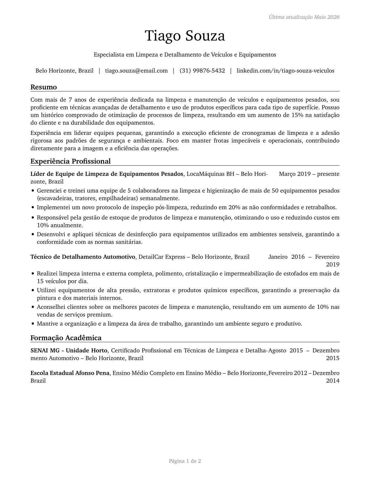 Cleaners of Vehicles and Equipment CV in Portuguese — page 1