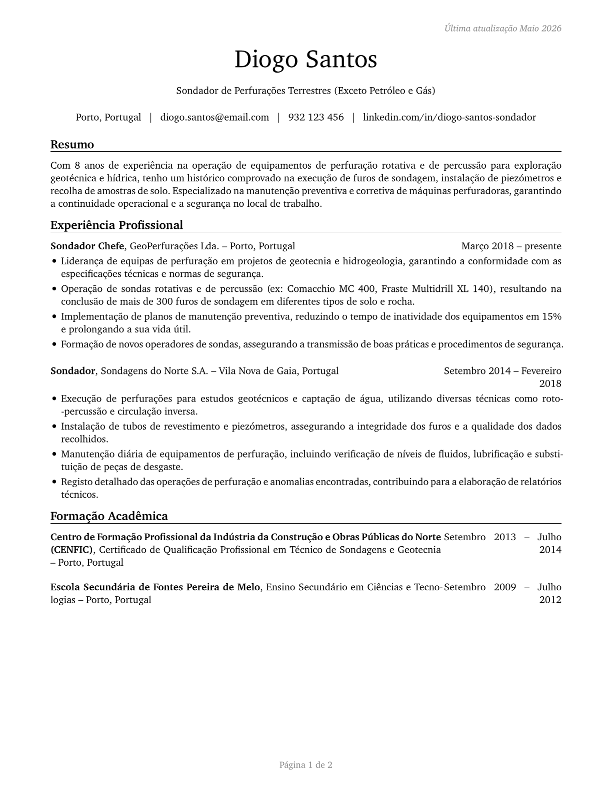 Earth Drillers, Except Oil and Gas CV in Portuguese — page 1