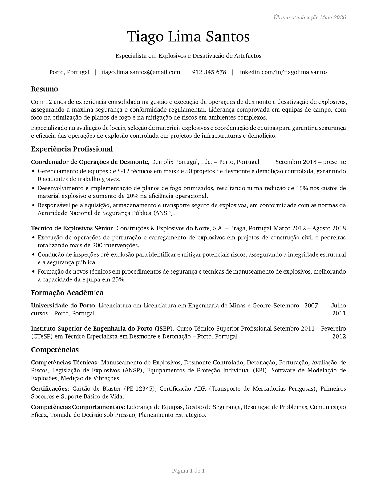Explosives Workers, Ordnance Handling Experts, and Blasters CV in Portuguese — page 1