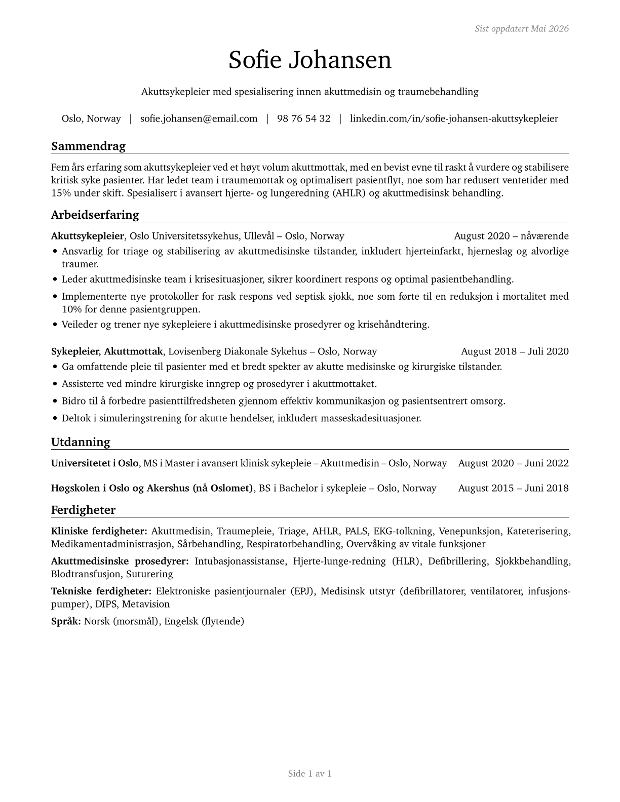 Acute Care Nurses CV in Norwegian_bokmal — page 1