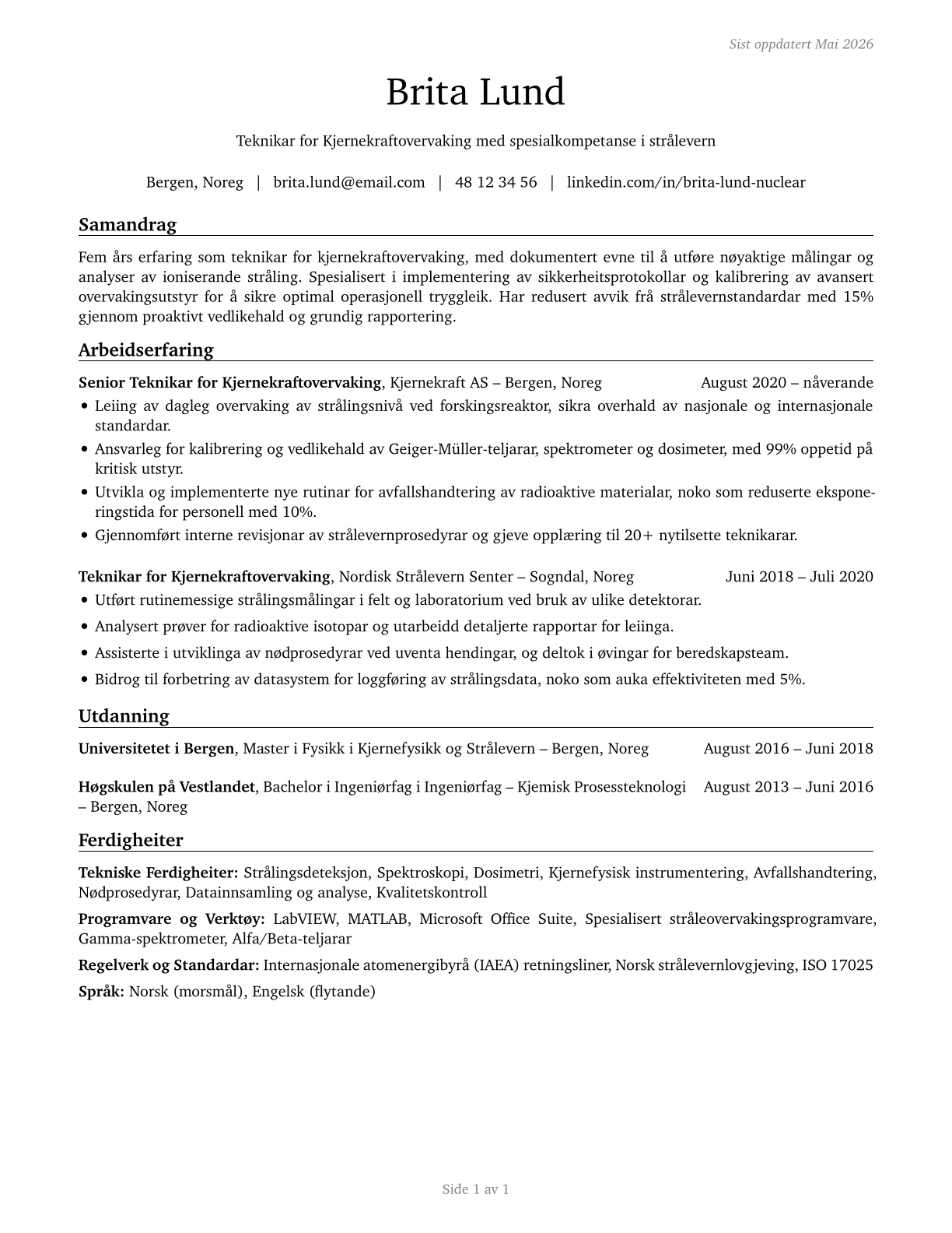 Nuclear Monitoring Technicians CV in Norwegian_nynorsk — page 1