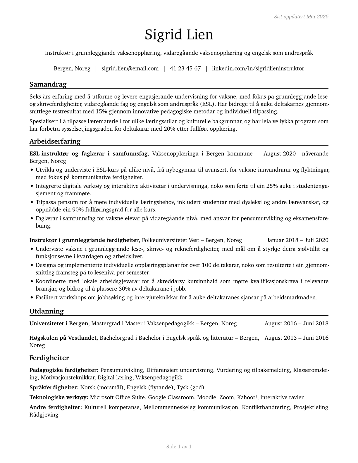 Adult Basic Education, Adult Secondary Education, and English as a Second Language Instructors CV in Norwegian_nynorsk — page 1