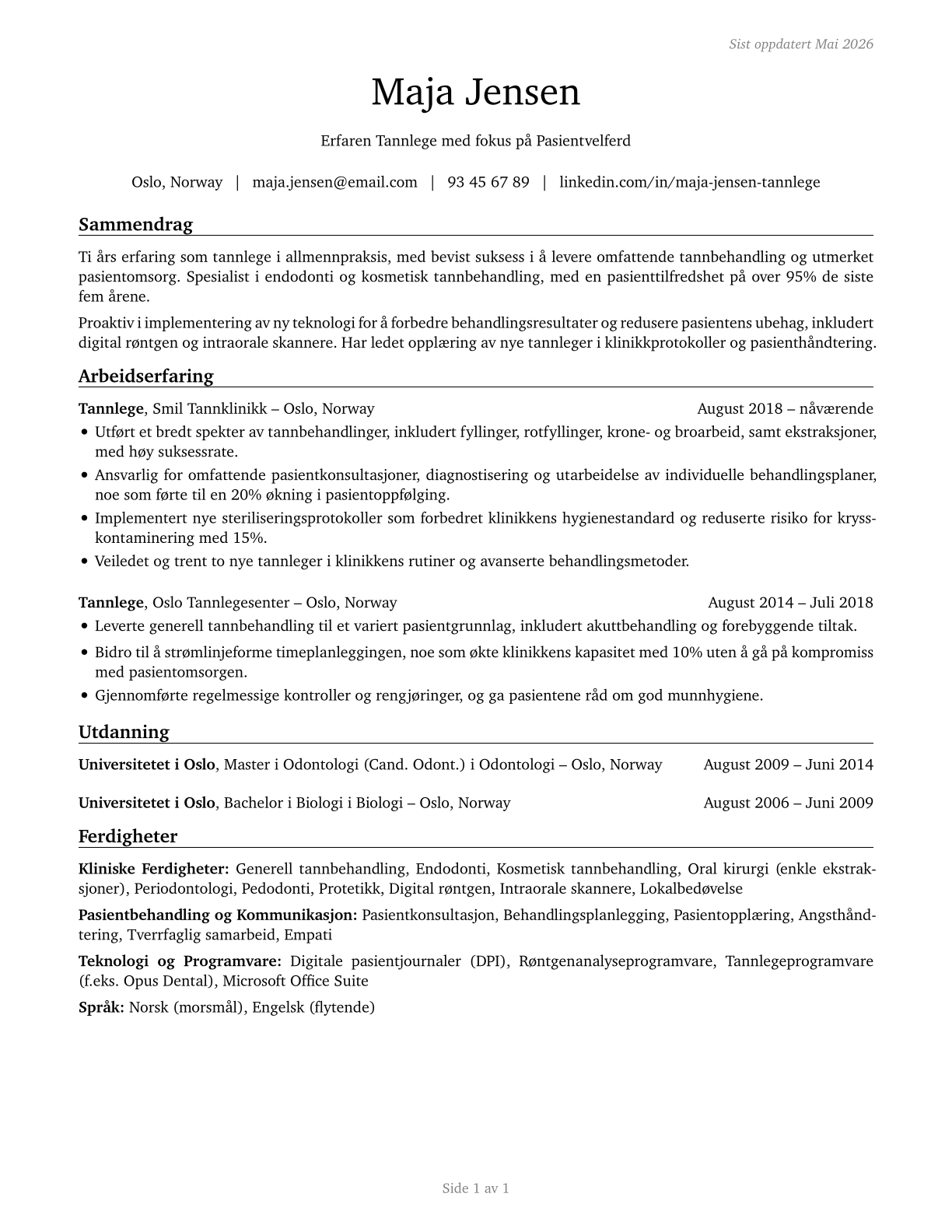 Dentists, General CV in Norwegian_bokmal — page 1