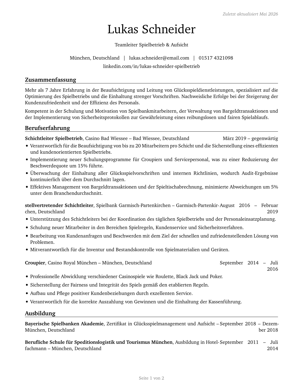First-Line Supervisors of Gambling Services Workers CV in German — page 1