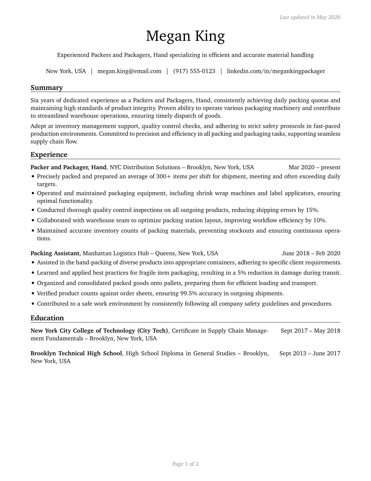 Packers and Packagers, Hand CV in English — page 1