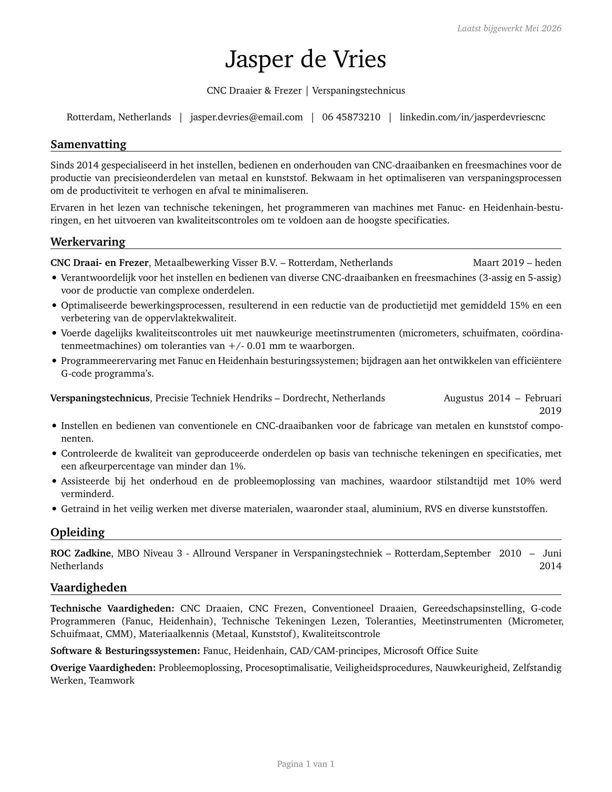 Lathe and Turning Machine Tool Setters, Operators, and Tenders, Metal and Plastic CV in Dutch — page 1