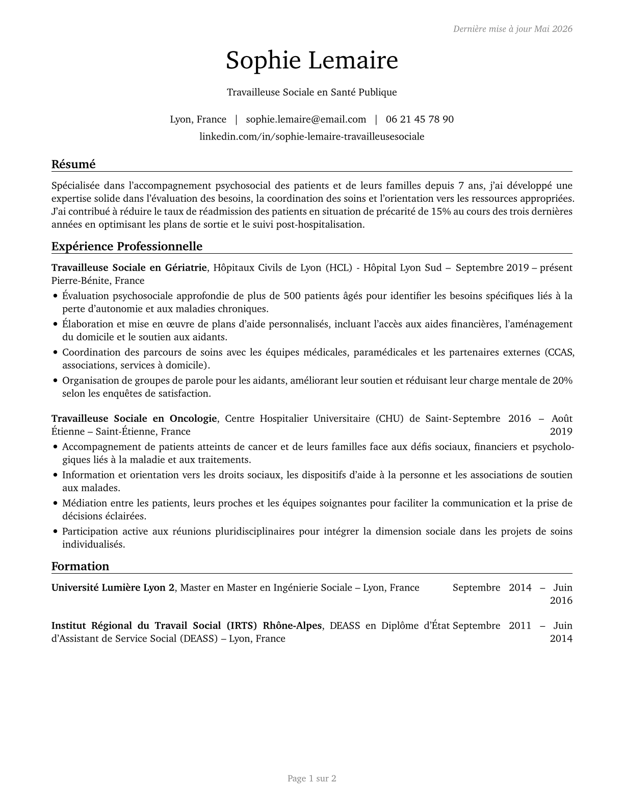 Healthcare Social Workers CV in French — page 1