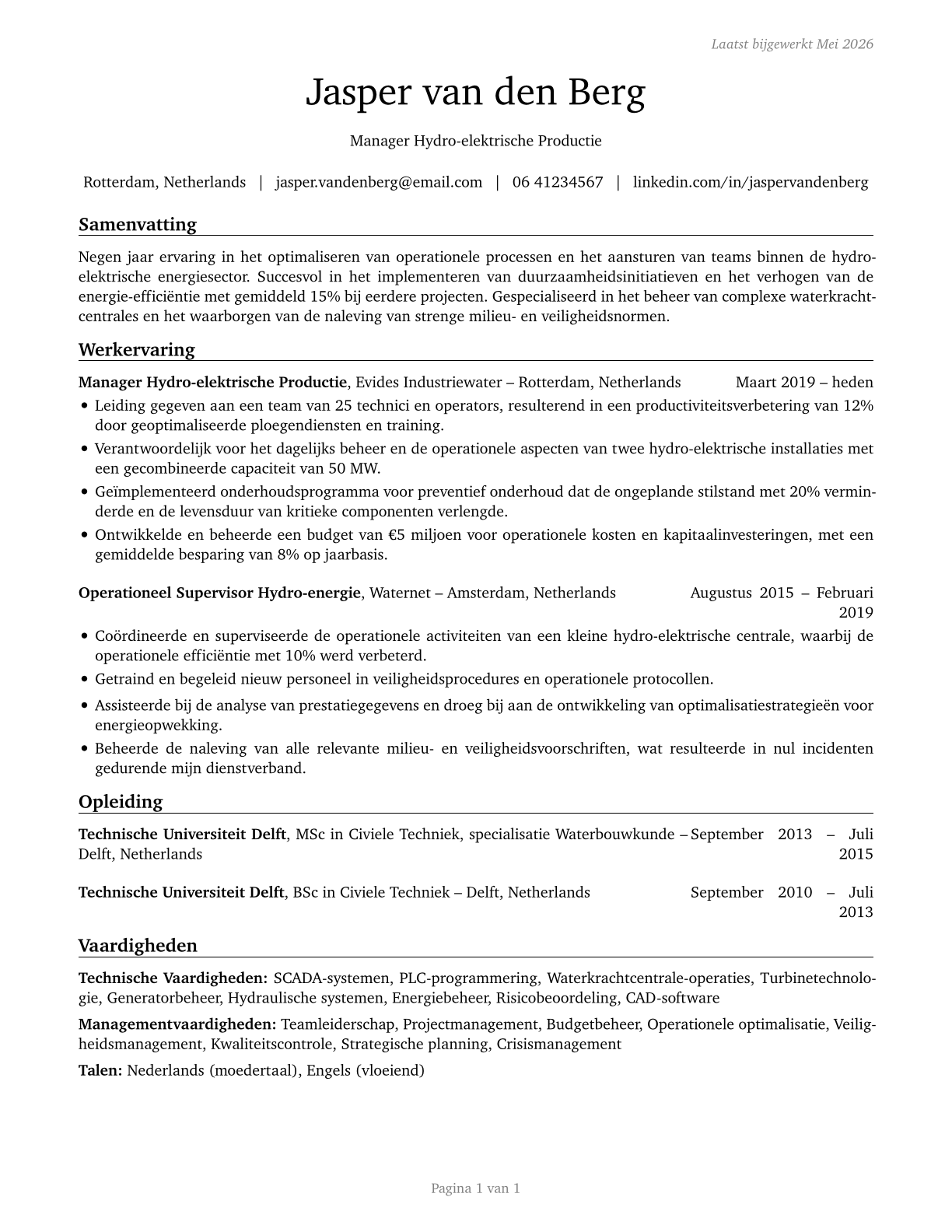 Hydroelectric Production Managers CV in Dutch — page 1
