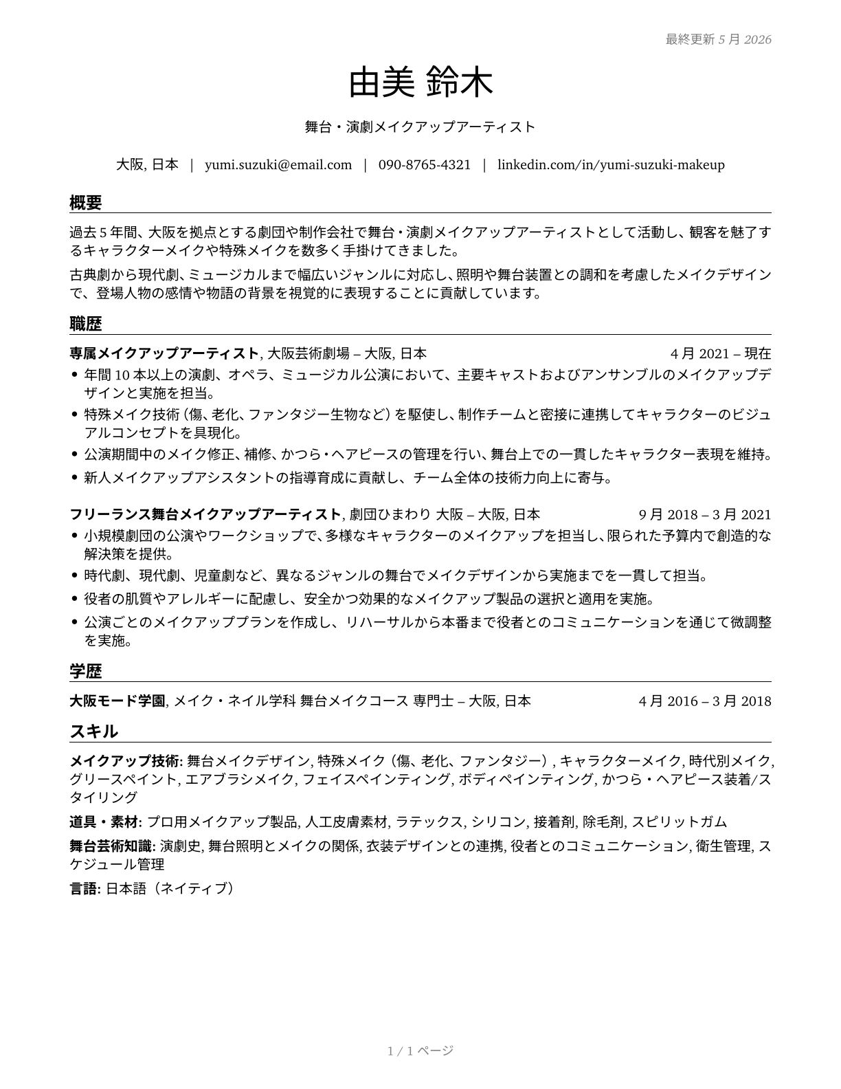 Makeup Artists, Theatrical and Performance CV in Japanese — page 1